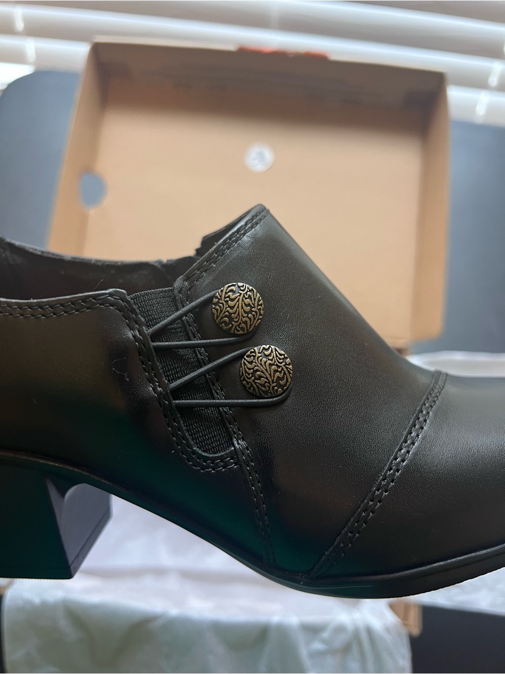 Clark’s Women's Black Leather Low Heel Slip-On Shoes with Decorative Buttons